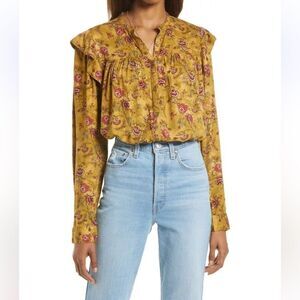Treasure & Bond Gold & Red Floral Ruffle Trim Button Up Blouse Top Shirt Medium